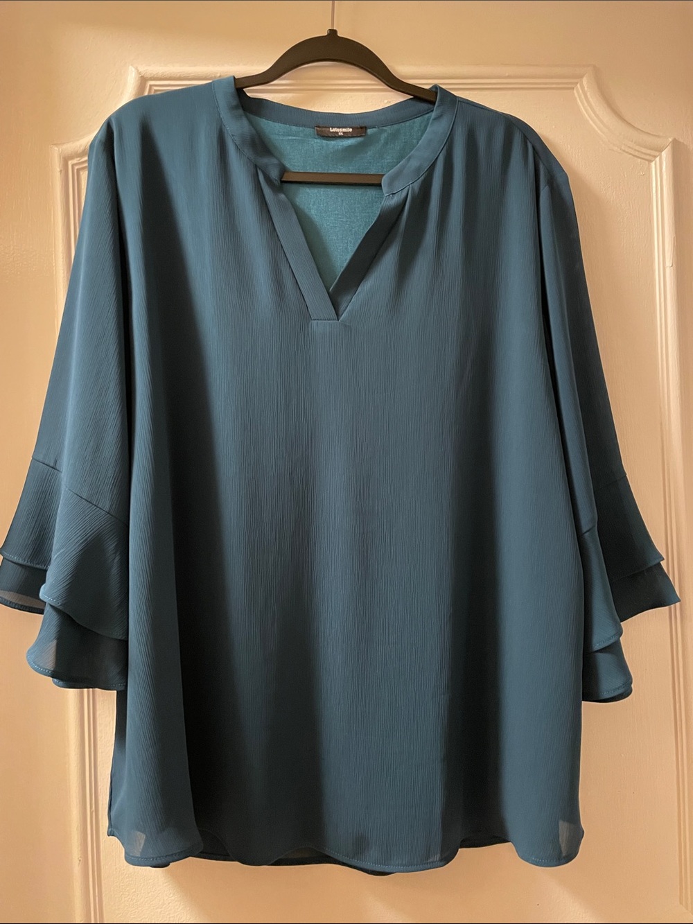 Relaxed Peacock Split-Neck Blouse with Layered Ruffle Sleeves